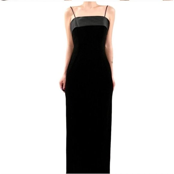 Alex Evenings Vintage Dress Satin Black Maxi Velvet Satin Flap Women's Size 4P - Picture 1 of 12